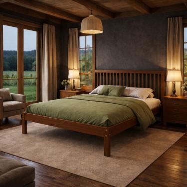 Imagem de Cama de Casal 100% Madeira Maciça Com Cabeceira Alta Ripada