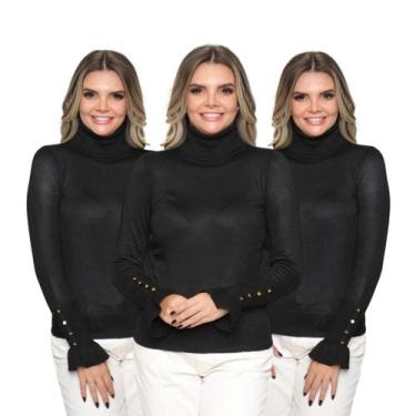 Imagem de Kit 3 Blusas Feminina Manga Longa com Botão Gola Alta Tricô Inverno Ca