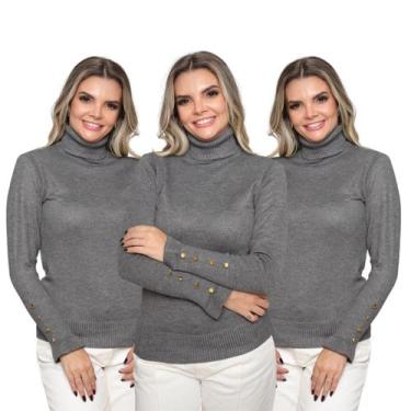 Imagem de Kit 3 Blusas Feminina Manga Longa com Botão Sueter Tricô Inverno 2024 