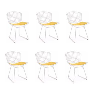 Imagem de Kit 6 Cadeiras Bertoia Branca Com Assento Amarelo