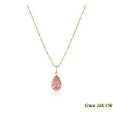 Imagem de Colar Feminino em ouro 18K 750 40cm + Pingente Ponto de Luz Gota Rosa 