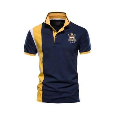 Imagem de Camisa Polo Masculina De Manga Curta Em 100% Algodão Com Patchwork, Bo