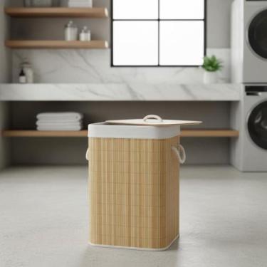 Imagem de Cesto De Roupas Bambu Retangular Banheiro Lavanderia 72 L - Ke Home