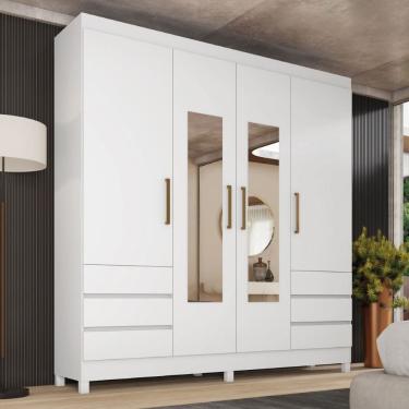 Imagem de Guarda Roupa Roupeiro Roma 4 Portas com Espelho 6 Gavetas Branco Demóbile