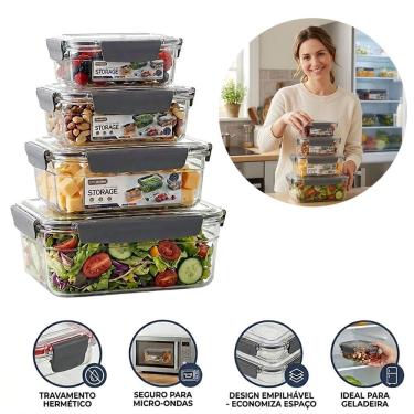 Imagem de Kit 4 Potes Marmita Hermética Retangular Livre Bpa Cozinha