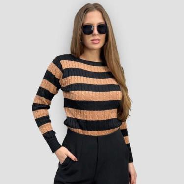 Imagem de Blusa Feminina Trico Trancinha Bicolor Listrado Sueter Frio - GIP, Pre