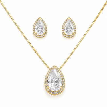 Imagem de Conjunto de Semijoia Atraktiva Jóias Colar e Brincos Gota com Zircônia Cristal Banhado a Ouro 18k Dourado