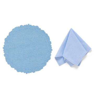 Imagem de Kit de Mesa Posta Festonê 2 Lugares com Jogo Americano e Guardanapo de Tecido Azul Copa & Cia