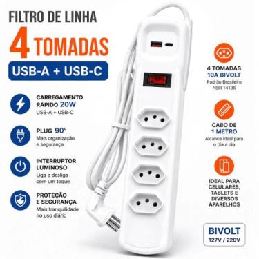 Imagem de Régua Filtro de Linha régua 4 Tomadas Bivolt Usb A+C 20W 90 Graus 10 a