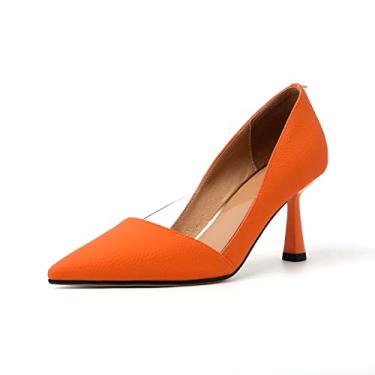 Imagem de TinaCus Mocassim feminino de couro genuíno feito à mão bico fino salto gatinho sem cadarço, Laranja, 7.5