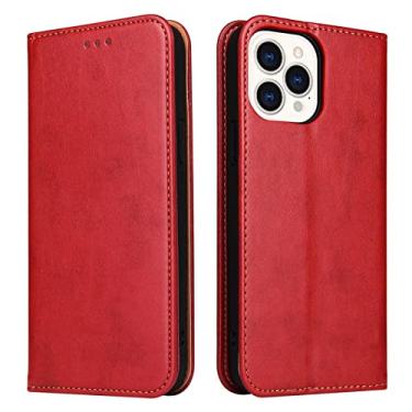 Imagem de Capa para iPhone 13 Pro Max, capa carteira de couro legítimo com suporte para cartão e fivela magnética proteção de câmera à prova de choque TPU capa flip interna, vermelha