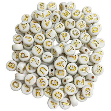 Imagem de Miçanga de Letra Redonda Barata Com Letras Coloridas Para Pulseira Colar Artesanato (Micanga Branca Letras Douradas)