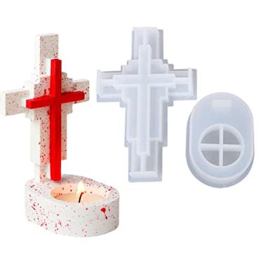 Imagem de vela silicone Jesus Cross com base, suporte vela cruzada, escultura fundição feito à mão cera aromática para fazer velas artesanato faça você mesmo sabão, chocolate cera abelha