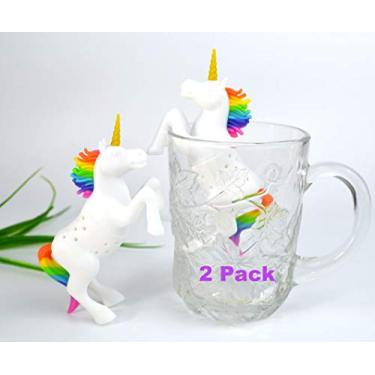 Imagem de 2 peças em 1 caixa em forma de unicórnio conjunto de 2 infusor de chá filtro de folhas soltas difusor de filtro de chá de frutas herbais silicone de grau alimentício em arco-íris e branco lote de 2