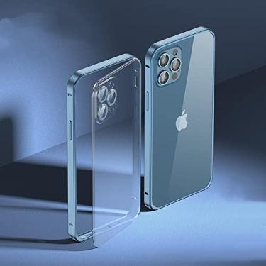 Imagem de Estojo de proteção de armação de metal de luxo com lente completa de vidro anti-queda, fosco, capa traseira transparente para iPhone 13 12 11 Pro Max Mini, azul, para iPhone 14 Plus