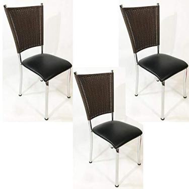 Imagem de Kit 3 Cadeiras de Cozinha Cromada Fibra Sintética Tabaco Assento Preto - Poltronas do Sul