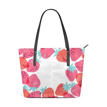 Imagem de Bolsa de ombro feminina sacola de couro para compras grande trabalho, rosa, morangos, bolsa casual
