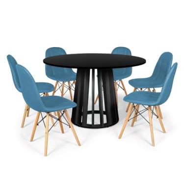 Imagem de Conjunto Mesa de Jantar Redonda Talia Preta 120cm com 6 Cadeiras Eiffel Botonê - Turquesa