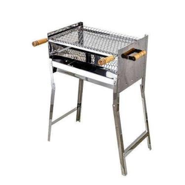 Imagem de Churrasqueira Movel Inox Portatil 62x72 Com Grelha Inox Moeda Cabo de Madeira