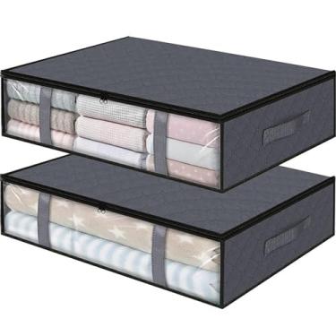 Imagem de Recipiente de armazenamento dobrável embaixo da cama 2 pçs tamanho grande sacos de armazenamento de colcha doméstico resistente à poeira e umidade Orgaziners para cobertor, cinza, 60 * 45 * 15 cm