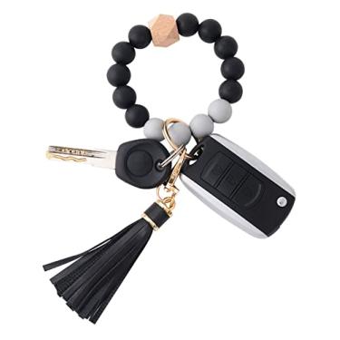 Imagem de BAOSIWA Pulseira de silicone com contas chaveiro de pulso para mulheres com borla de couro, Preto, tamanho nico
