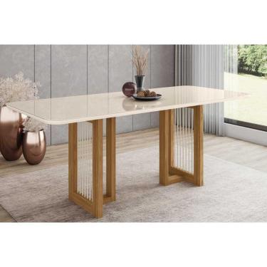 Imagem de Mesa de Sala Jantar Yara SC77 + Tampo Madeirado Vidro Curvo 200x90cm Nature/Off White - Henn