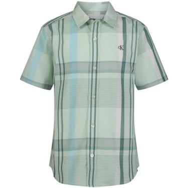 Imagem de Calvin Klein Camisa de manga curta com botões para meninos, Xadrez verde claro, 18-20