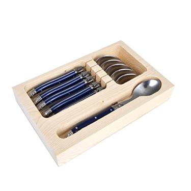 Imagem de CONJUNTO DE 6 COLHERES SOBREMESA LAGUIOLE LUXO EM BANDEJA DE MADEIRA, AZUL