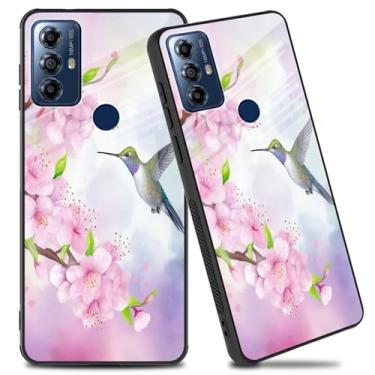 Imagem de Capa para celular Moto G Play 2023, parte traseira de vidro temperado + capa de silicone macio TPU à prova de choque antiarranhões para Motorola G Play 2023, beija-flor em rosa