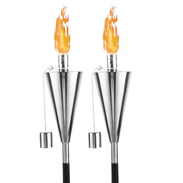 Imagem de FAB BASED Lanterna de óleo para pátio/jardim/gramado/quintal - 139,7 cm - aço inoxidável - pavio de fibra de vidro - conjunto de 2 peças - lâmpada de óleo externa para citronela (prata)