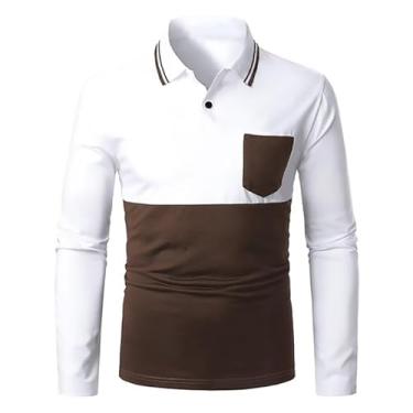 Imagem de Camisa polo masculina cores contrastantes, bainha reta, gola aberta, botões frontais, pulôver, Marrom, XG
