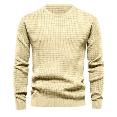 Imagem de Suéter masculino de gola redonda fina camada base pequena malha quadrada pulôver camada base cor sólida, Cáqui, G