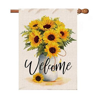 Imagem de Hexagram Vaso de arranjo de girassol bandeira de boas-vindas, bandeira de casa de serapilheira 71 x 101 cm, dupla face, decoração de jardim de boas-vindas ao ar livre, decoração de jardim grande