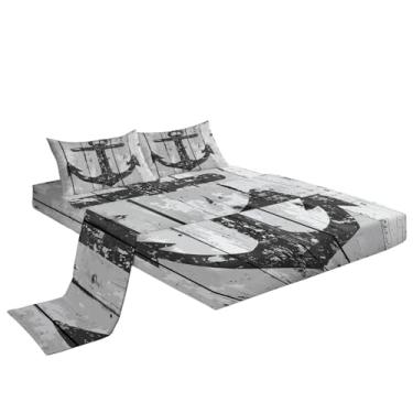 Imagem de Eojctoy Jogo de lençol de madeira cinza ultramacio, 4 peças, tema âncora e fronhas, fácil de cuidar com lençol casal de 40,6 cm de profundidade, confortável, respirável e ajustado para casa