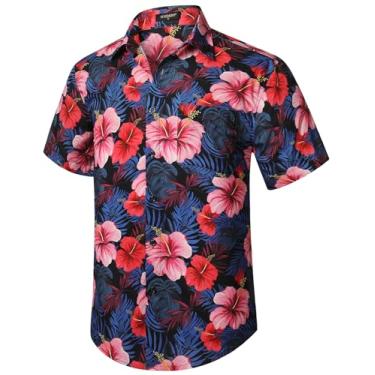 Imagem de Camisetas masculinas havaianas manga curta Aloha camisa masculina casual abotoada tropical Havaí floral verão praia festa, Azul-marinho/rosa, XXG