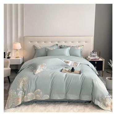 Imagem de Jogo de cama bordado de flores de algodão egípcio 600 fios, 100% algodão, conjunto de capa de edredom, fronha, queen king, lençóis de cama (azul King)