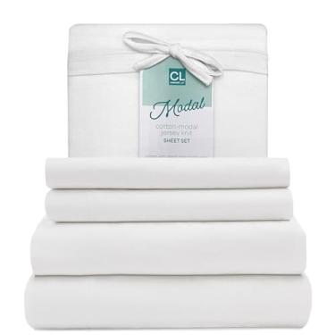 Imagem de Comfort Lab Conjunto de lençóis de malha de jérsei modal, peça de cama, camiseta de algodão modal respirável e refrescante - Inclui lençóis de cima e com elástico, 2 fronhas King Jersey Modal, branco