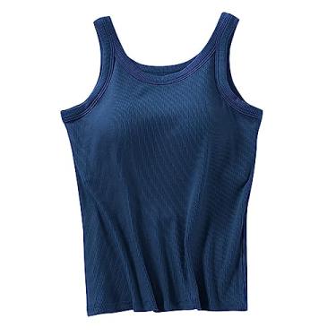 Imagem de Camiseta feminina de algodão com sutiã embutido, cor lisa, ajustável, alças finas, camisetas básicas elásticas, Azul, M