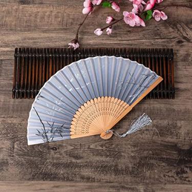 Imagem de YQHWLKJ Ventilador dobrável estilo chinês vintage, ventiladores de mão de pano de bambu, decoração de casa, presentes de casamento, festa de dança, ventiladores portáteis