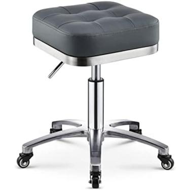 Imagem de Tamborete de rolamento giratório de altura ajustável redondo com 5 rodas e encosto Tamborete de bar giratório hidráulico de 360 ​​° para salão de beleza Cadeira de banco de balcão 43-58 cm,