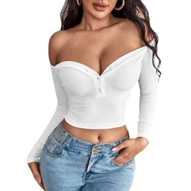 Imagem de SHENHE Camiseta feminina cropped sexy com botões e ombros de fora, Branco, M
