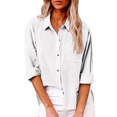 Imagem de Camisetas femininas de verão 2024 de linho para mulheres, manga comprida, lapela com botões, blusa de gaze, folgada, casual, Ofertas relâmpago branco, M