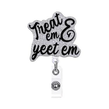 Imagem de ANDGING Treat Em & Yeet Em Engraçado Carretel de Crachá Enfermeira Médica Enfermeira Enfermeira Retrátil para Enfermeiras Clipe de Crachá de Acrílico Bonito Glitter RN CNA LPN LVN Cartão de