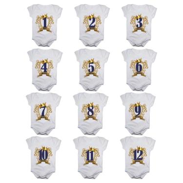 Imagem de Kit 12 Body Bebê Calupa Mesversario Manga Curta Números Com Coroa 1 A 12 Meses Masculino-Masculino