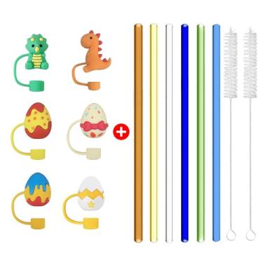 Imagem de 6 canudos de vidro coloridos reutilizáveis com tampa para copo Stanley, canudos tamanho 11,8" x 10 mm com 2 escovas de limpeza, topo de canudo fofo de silicone