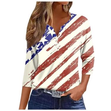 Imagem de Camiseta feminina com bandeira dos EUA, manga 3/4, gola V, botões, blusas, 4 de julho, Memorial Day, Caqui, 3G