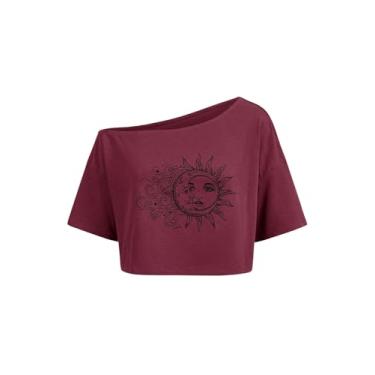 Imagem de SOLY HUX Camisetas femininas estampadas ombro de fora meia manga sol lua camiseta cropped, Gráfico vermelho, P