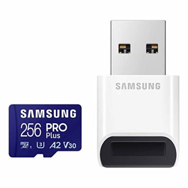 Imagem de Samsung Leitor de cartão de memória microSD PRO Plus, 256 GB MicroSDXC, até 180 MB/s, Full HD e 4K UHD, UHS-I, C10, U3, V30, A2 para telefones Android, tablets, GoPRO, DJI Drone, MB-MD256SB/AM, 2023