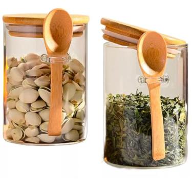 Imagem de LUMAI Kit 2 Potes de Vidro Porta-mantimentos 550ml com Tampa de Bambu Hermética e Colher Acoplada, Frascos Recipientes Para Armazenar Café, Açúcar, Temperos, Potes Organizadores Cozinha Minimalista