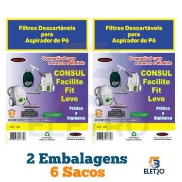 Imagem de Kit 6 Sacos Descartáveis Aspirador de Pó Consul Leve / Fit / Facilite 